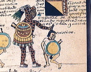 Spanish text showing Aztec Jaguar warrior with prisoner.